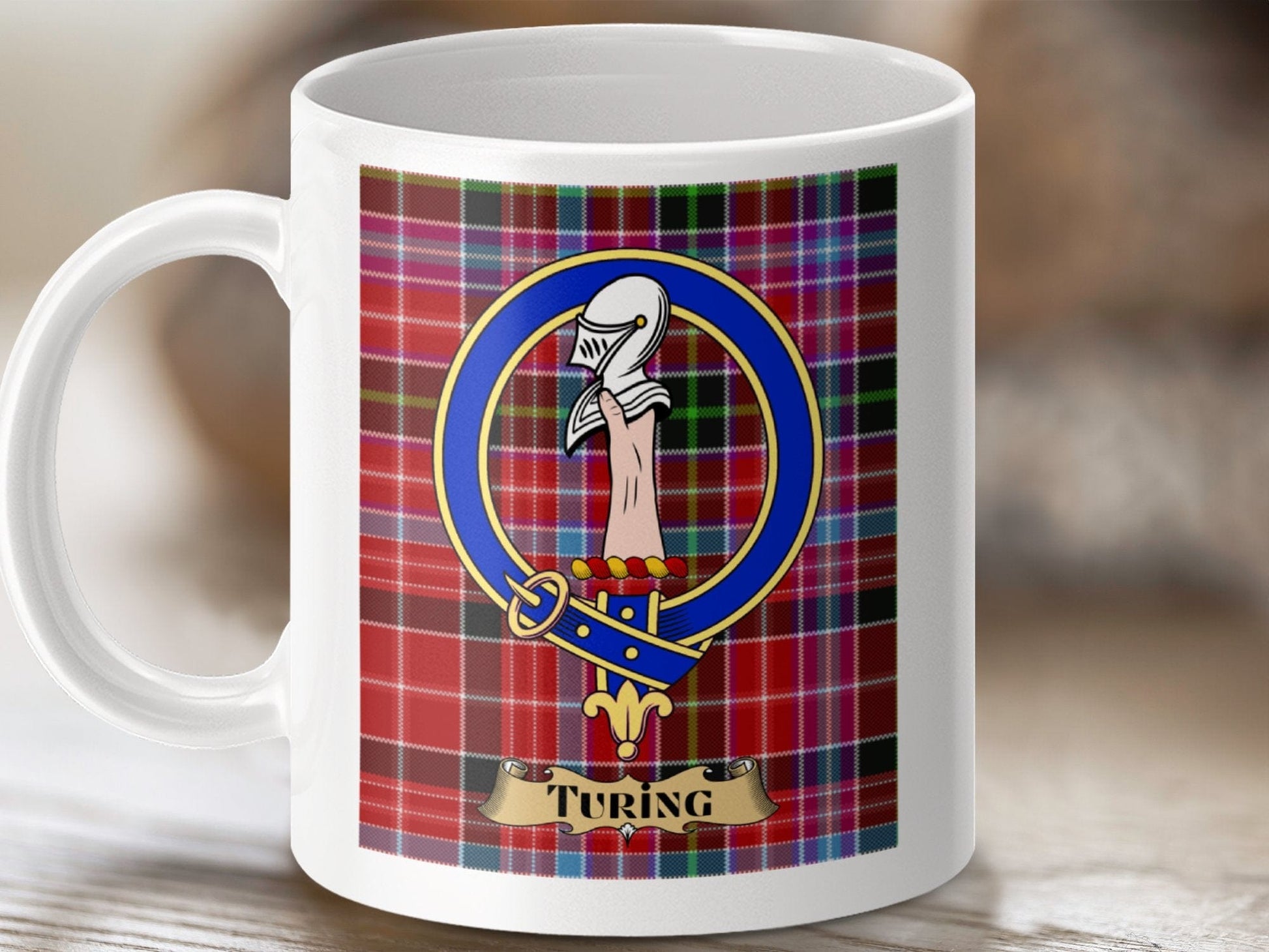 Physical Item 11oz / White Turing Clan Scottish Tartan Crest Mug