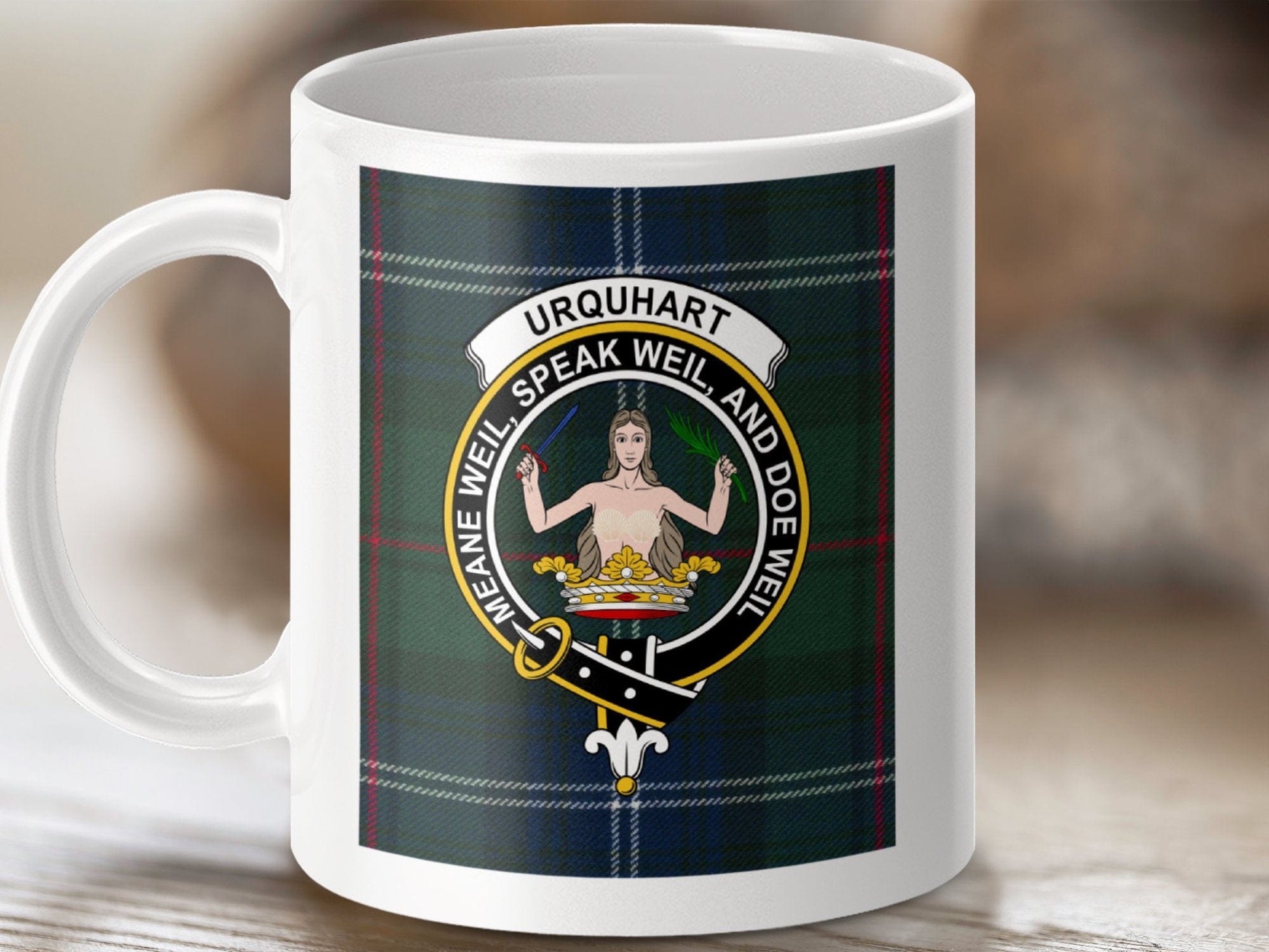 Physical Item 11oz / White Urquhart Clan Scottish Tartan Crest Mug