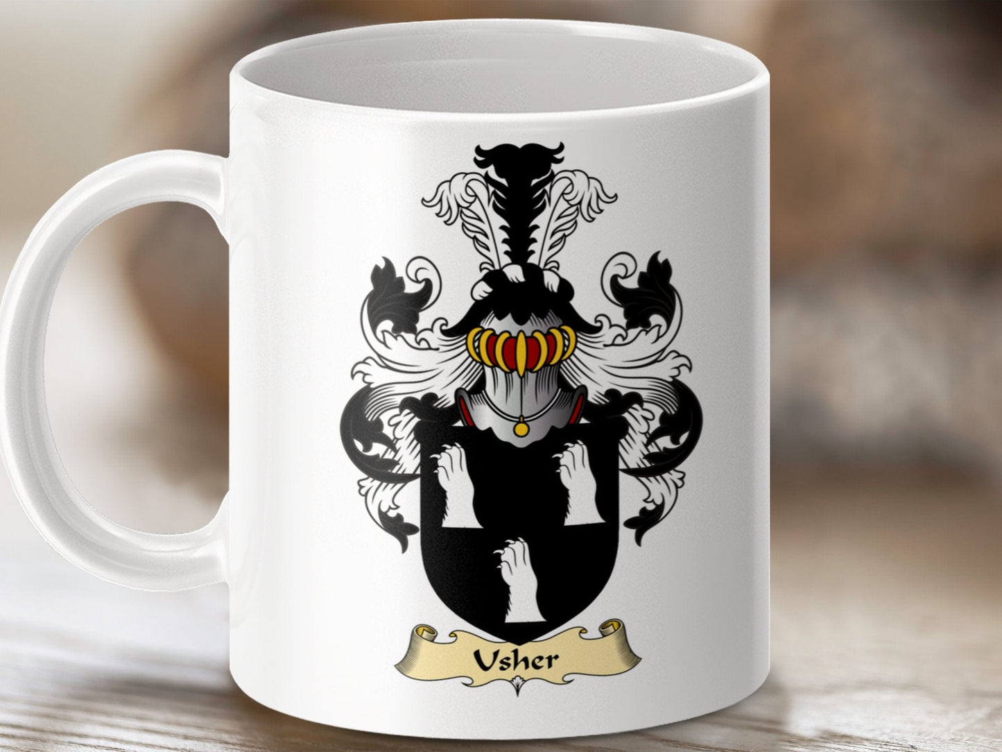 Physical Item 11oz / White Usher Clan Coat Of Arms Scottish Clan Coffee Mug