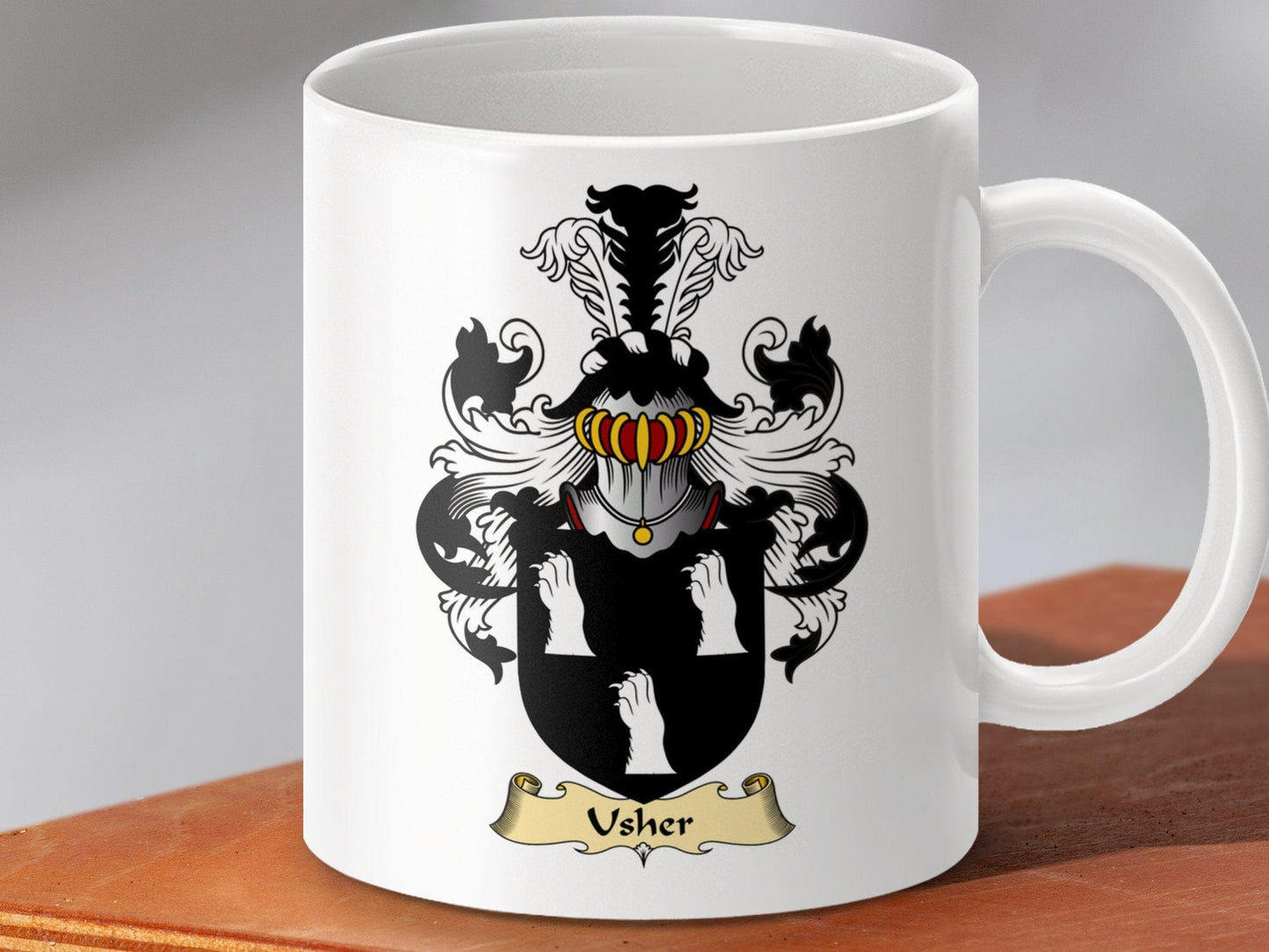 Physical Item 11oz / White Usher Clan Coat Of Arms Scottish Clan Coffee Mug