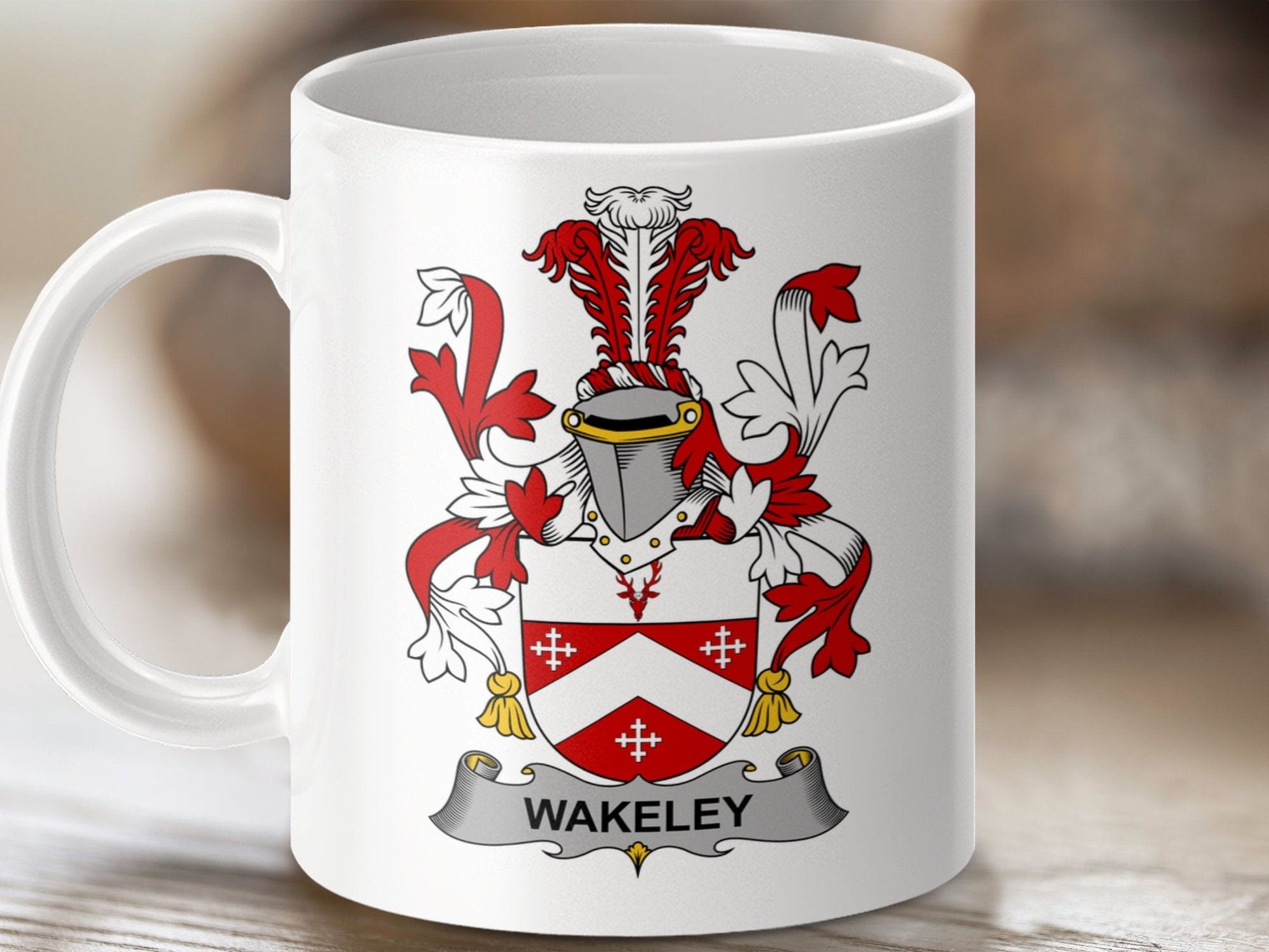 Physical Item 11oz / White Wakeley Surname Irish Heraldry Ceramic Mug