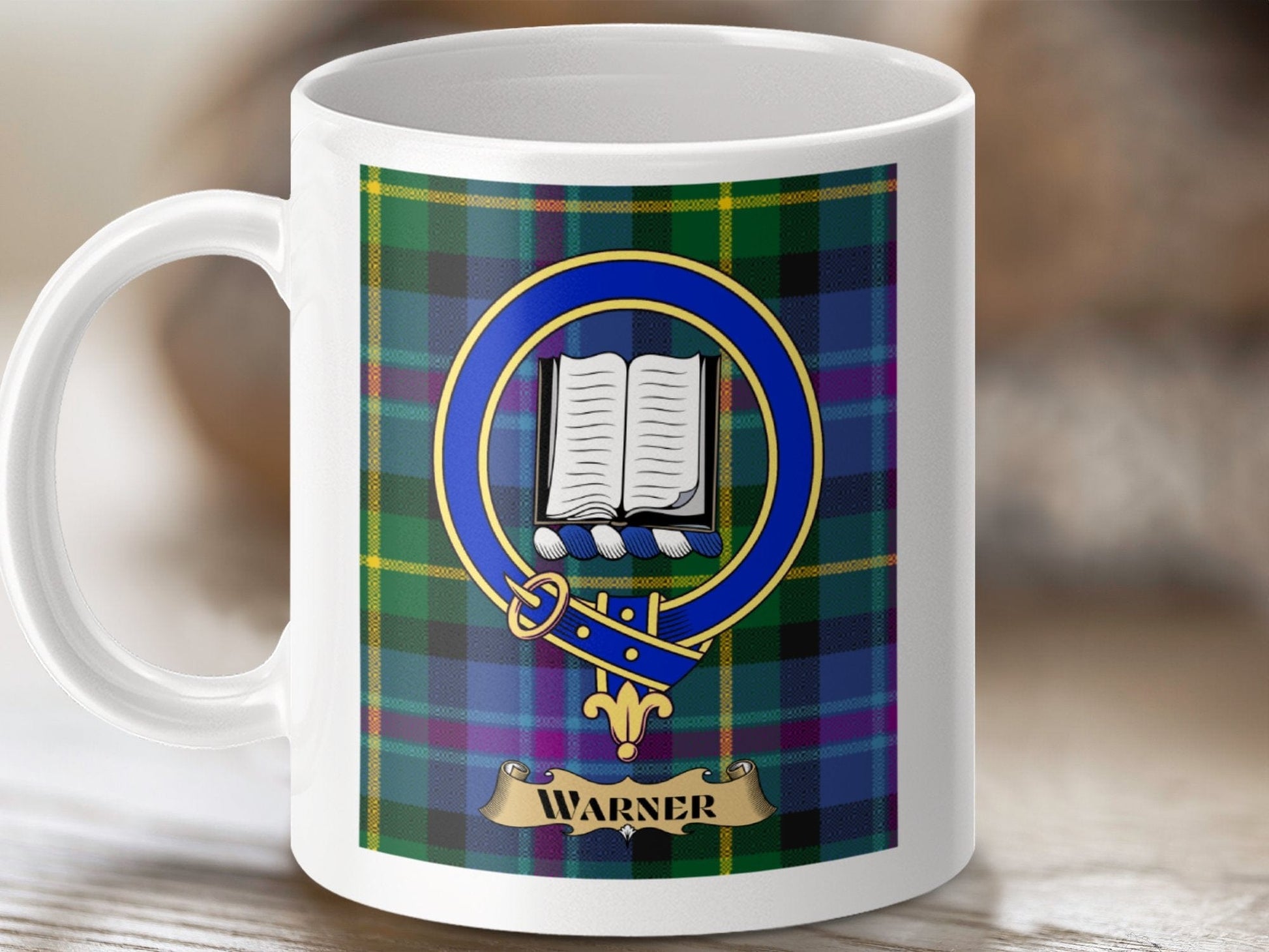 Physical Item 11oz / White Warner Clan Scottish Tartan Crest Mug