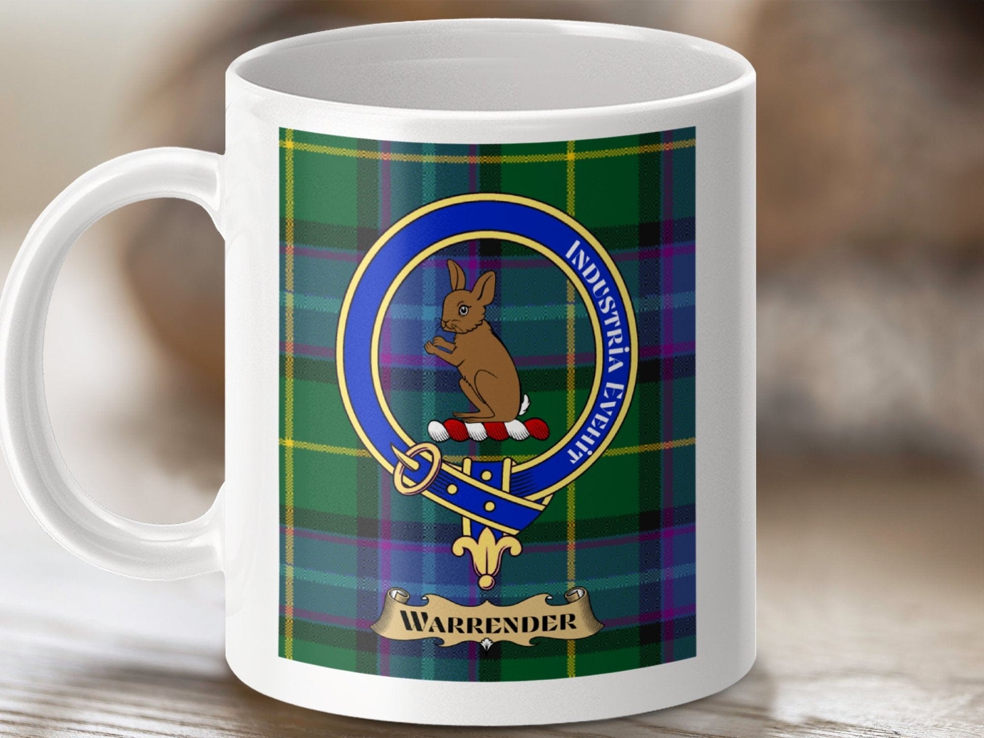 Physical Item 11oz / White Warrender Clan Scottish Tartan Crest Mug