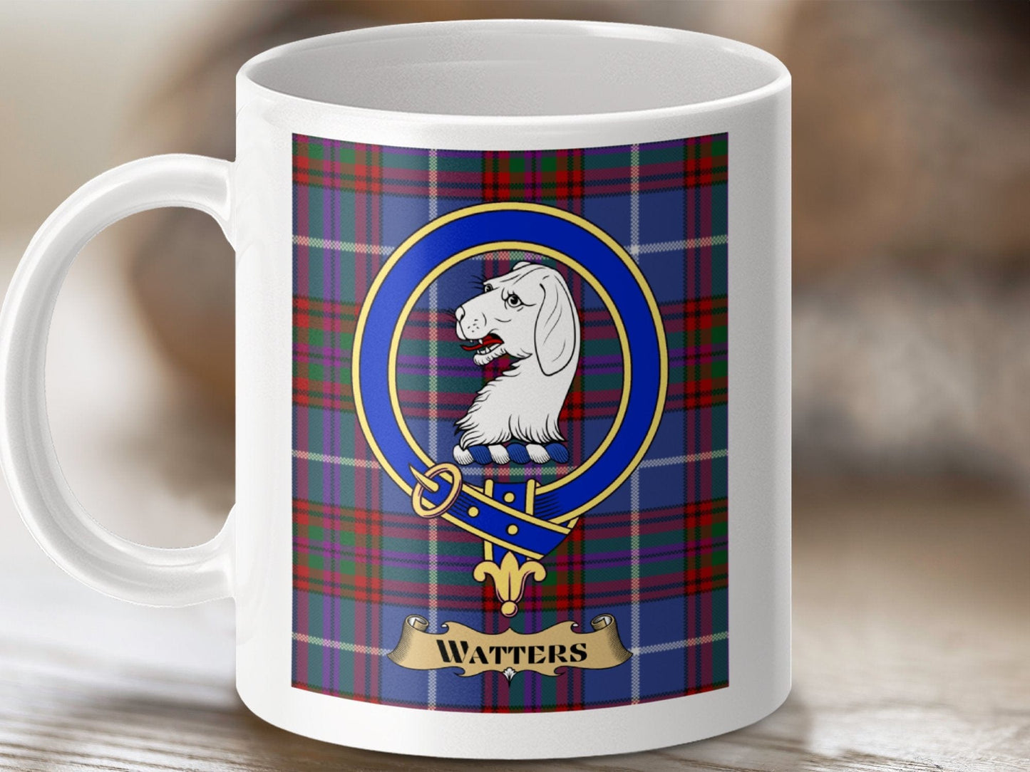 Physical Item 11oz / White Watters Clan Scottish Tartan Crest Mug