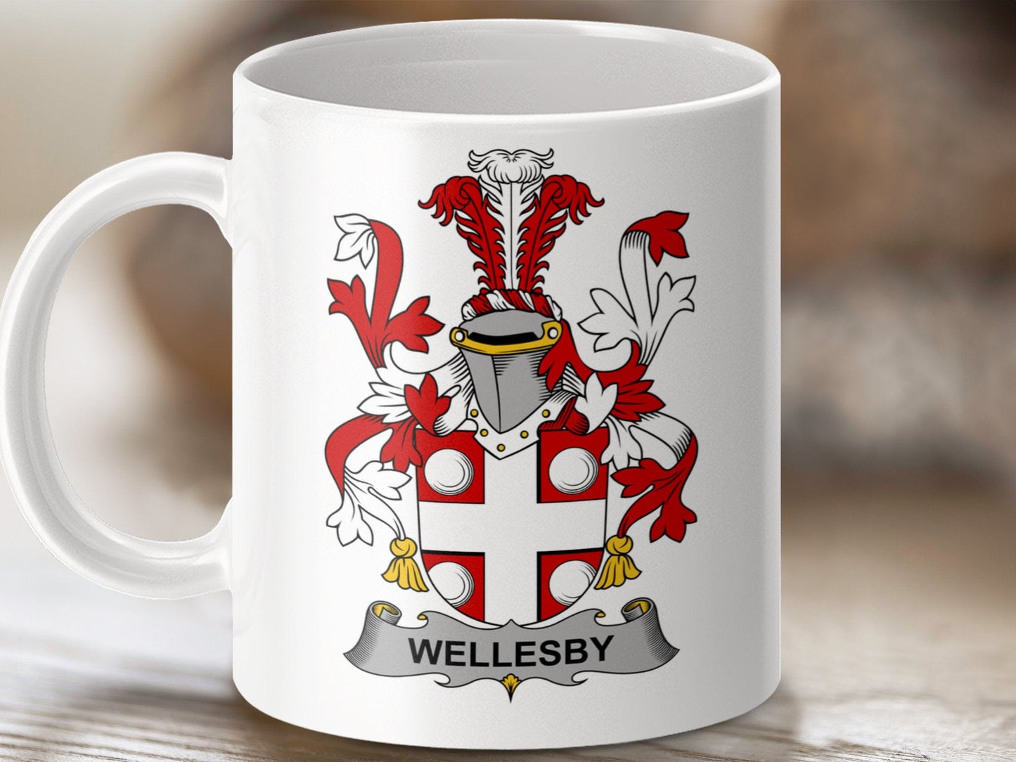 Physical Item 11oz / White Wellesby Surname Irish Heraldry Coffee Mug