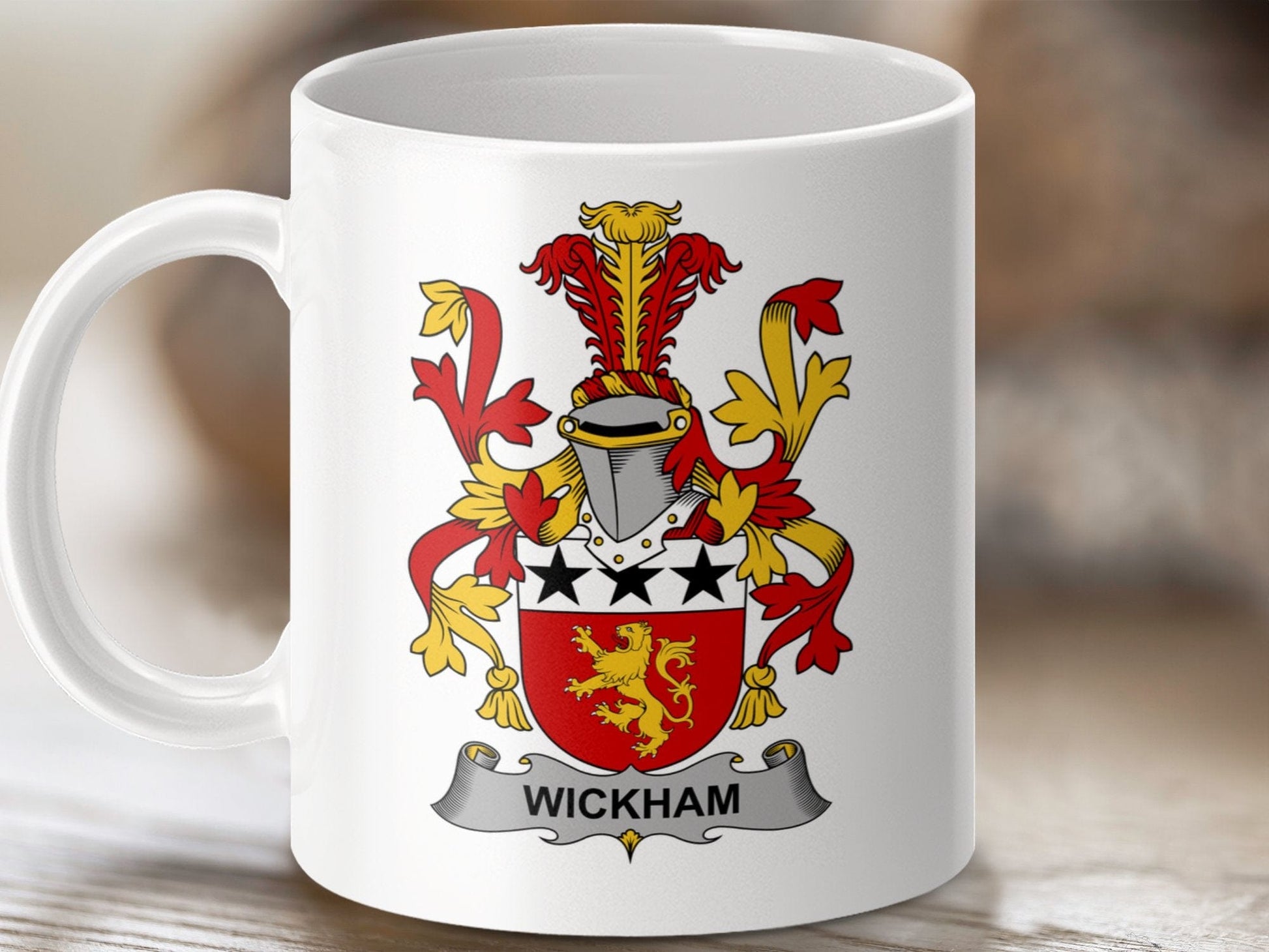 Physical Item 11oz / White Wickham Surname Irish Heraldry Ceramic Mug