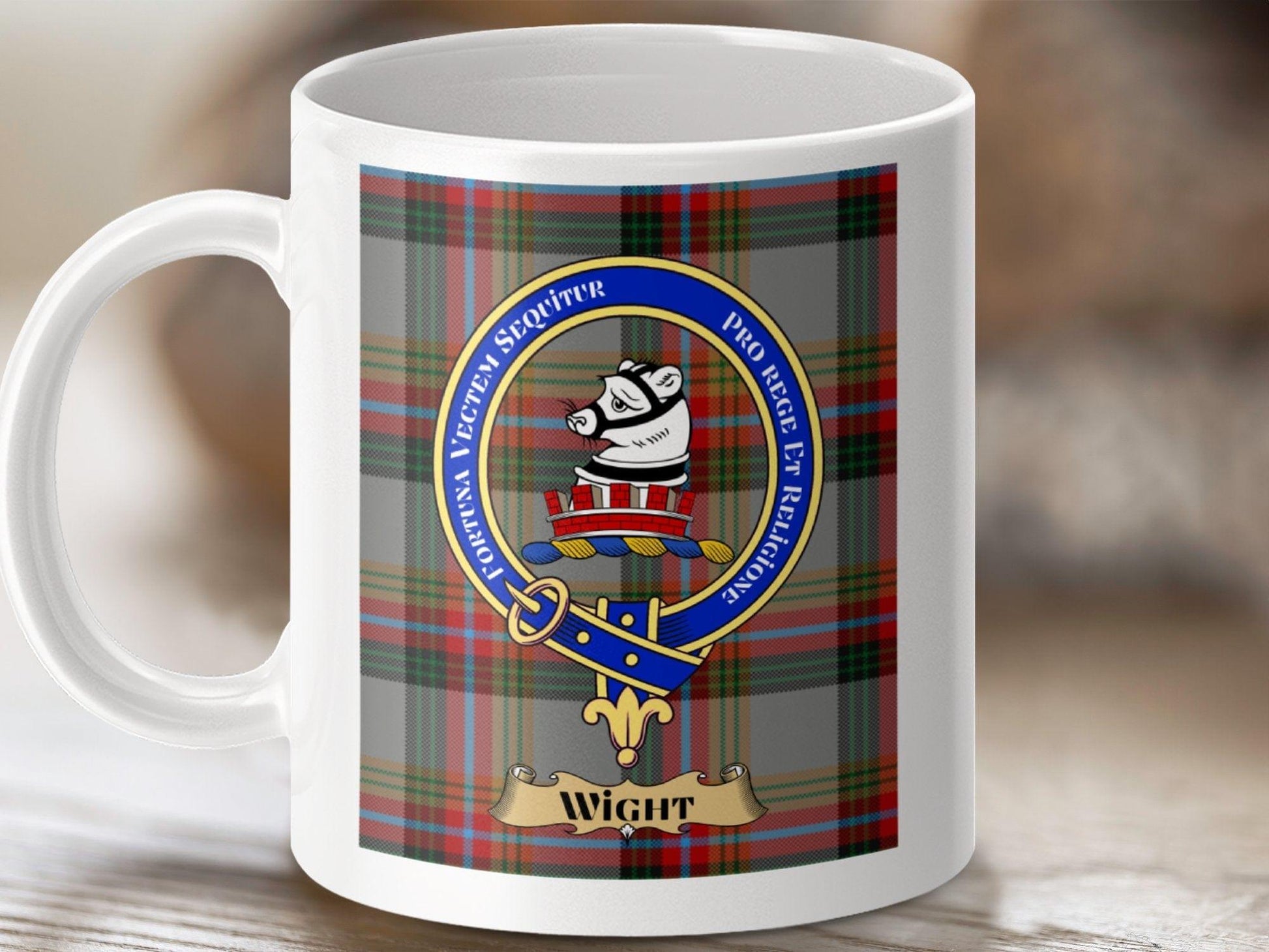 Physical Item 11oz / White Wight Clan Scottish Tartan Crest Mug