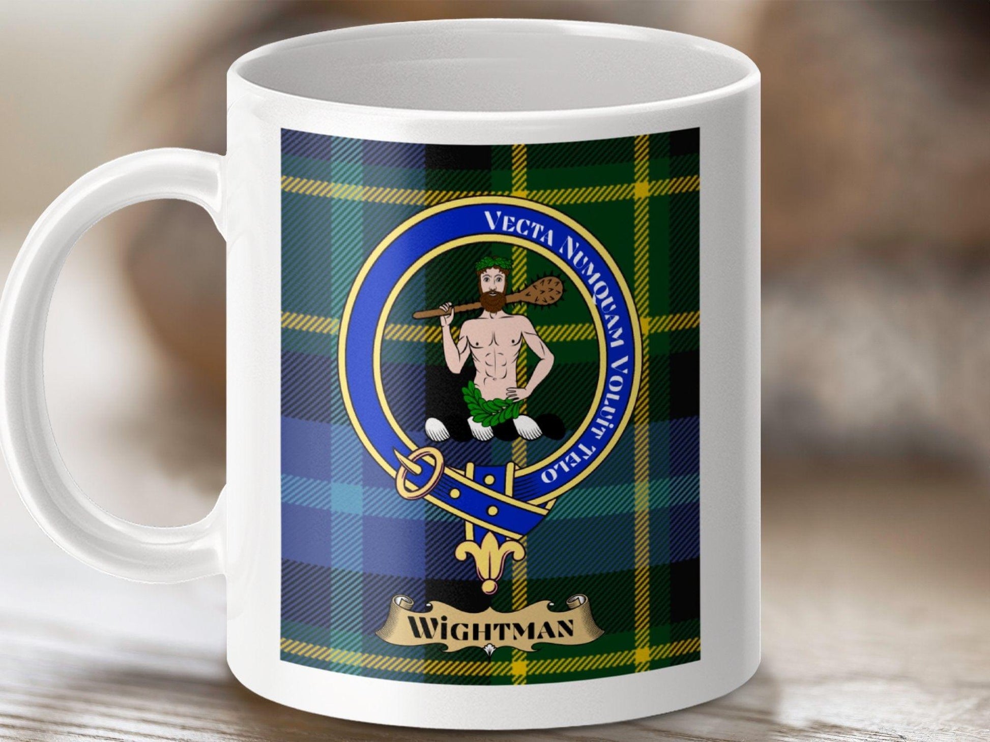 Physical Item 11oz / White Wightman Clan Scottish Tartan Crest Mug