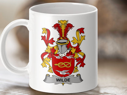 Physical Item 11oz / White Wilde Surname Irish Heraldry Ceramic Mug