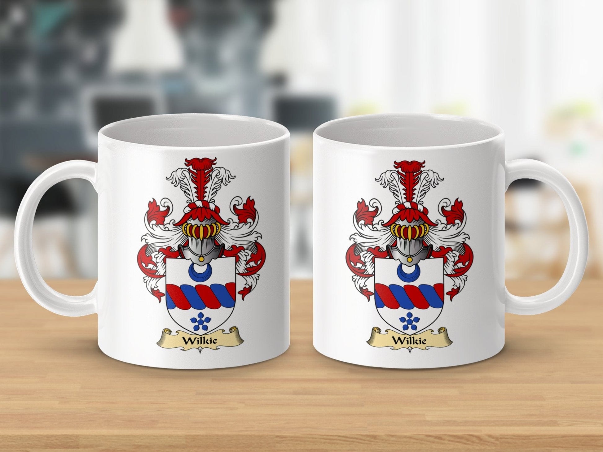 Physical Item 11oz / White Wilkie Clan Emblem On Scottish Clan Crest Coat of Arms Mug