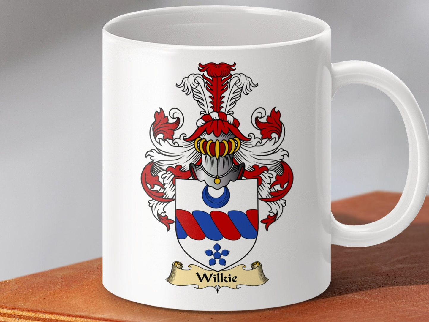 Physical Item 11oz / White Wilkie Clan Emblem On Scottish Clan Crest Coat of Arms Mug