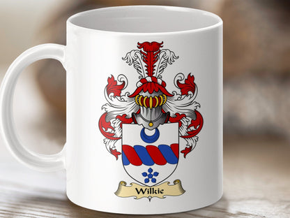 Physical Item 11oz / White Wilkie Clan Emblem On Scottish Clan Crest Coat of Arms Mug