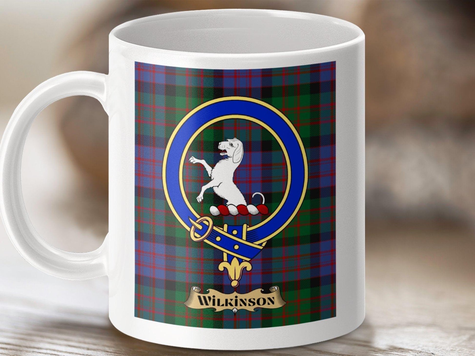 Physical Item 11oz / White Wilkinson Clan Scottish Tartan Crest Mug