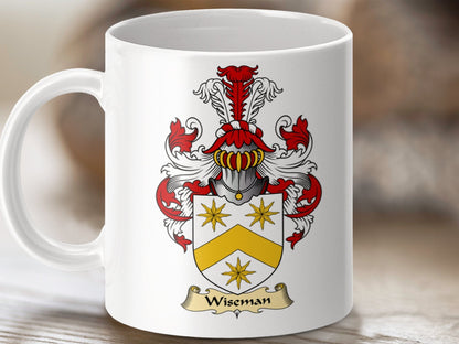 Physical Item 11oz / White Wiseman Clan Coat Of Arms Scottish Coffee Tea Mug