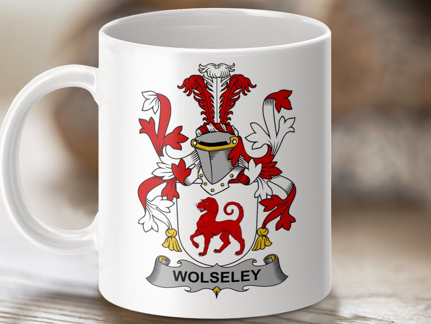 Physical Item 11oz / White Wolseley Surname Irish Heraldry Ceramic Mug