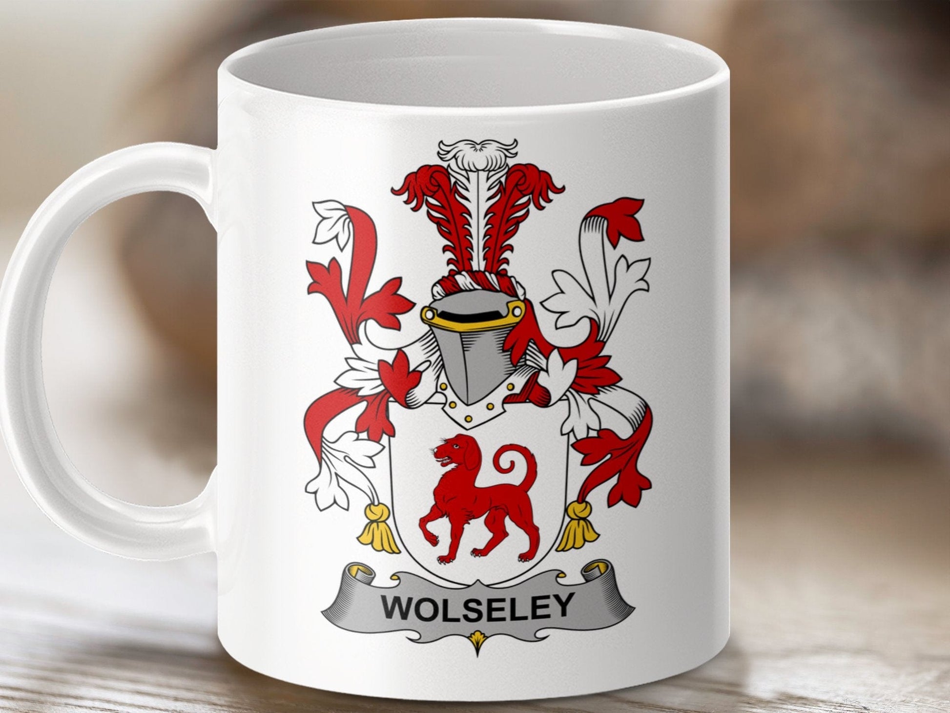 Physical Item 11oz / White Wolseley Surname Irish Heraldry Ceramic Mug