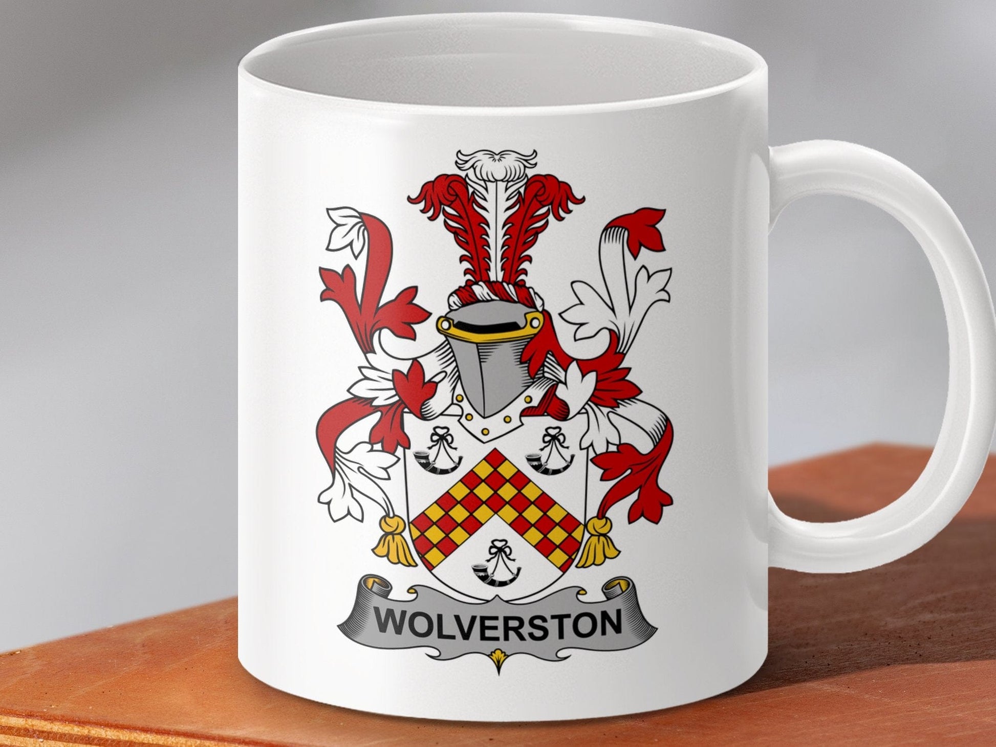 Physical Item 11oz / White Wolverston Surname Irish Heraldry Ceramic Mug