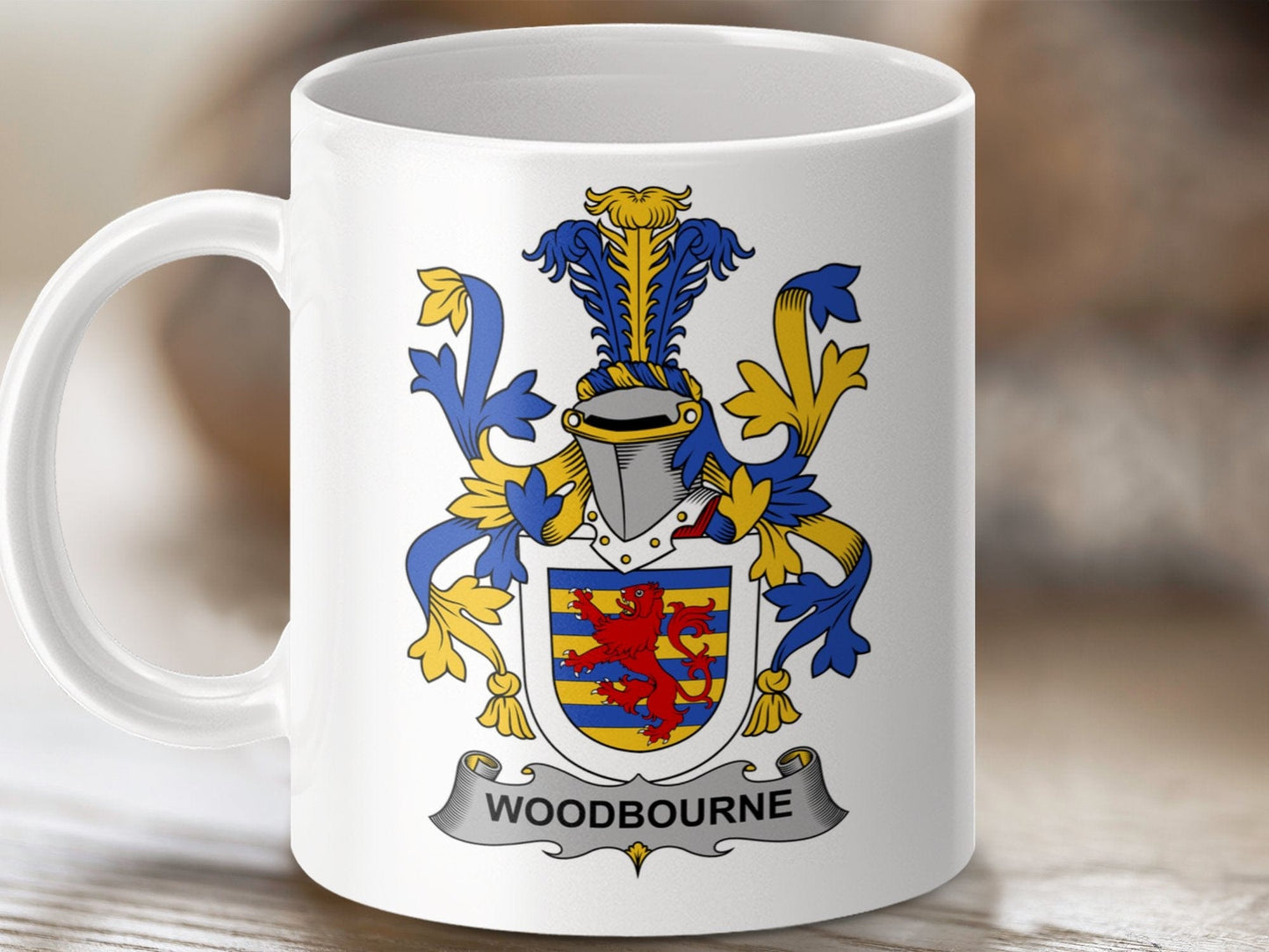 Physical Item 11oz / White Woodbourne Surname Irish Heraldry Ceramic Mug