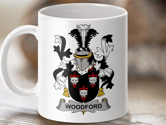 Physical Item 11oz / White Woodford Surname Irish Heraldry Ceramic Mug