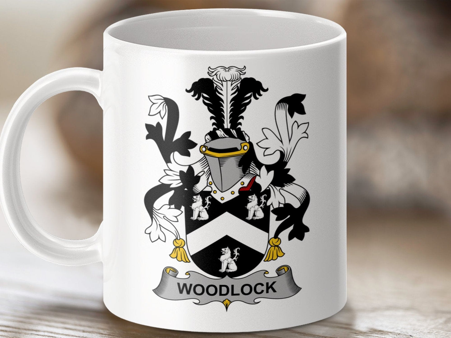 Physical Item 11oz / White Woodlock Surname Irish Heraldry Ceramic Mug