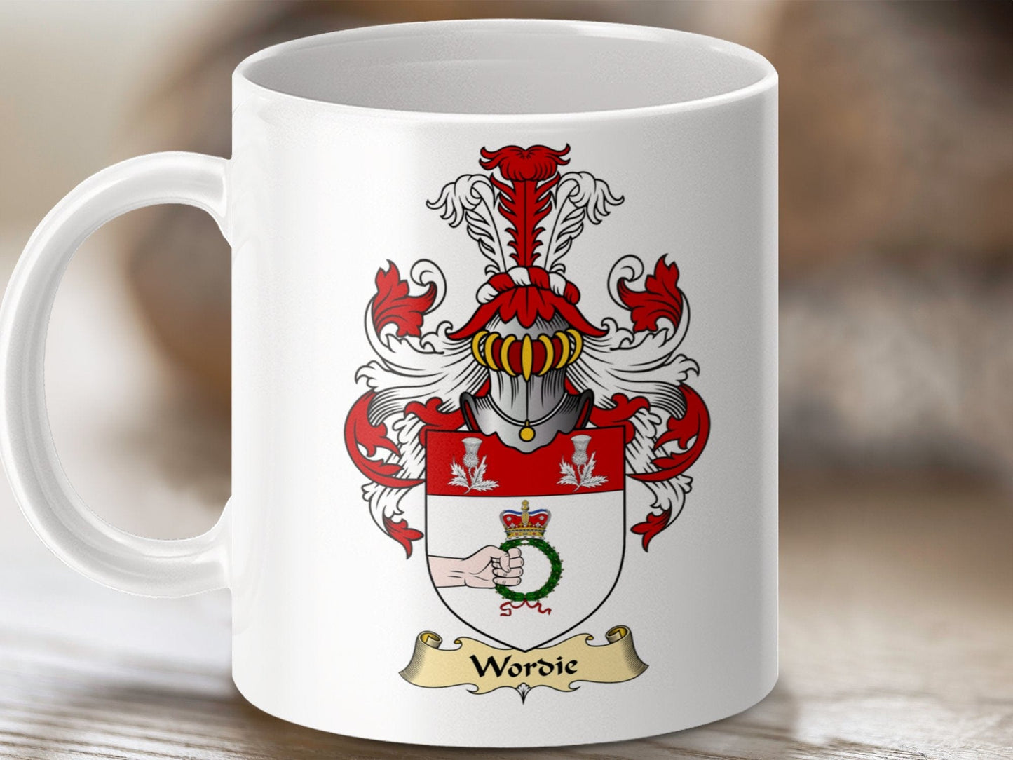 Physical Item 11oz / White Wordie Clan Coat Of Arms Scottish Mug