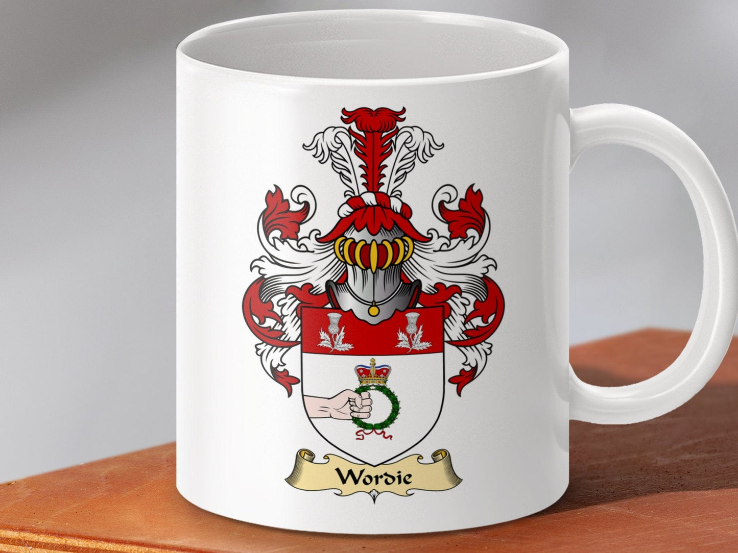 Physical Item 11oz / White Wordie Clan Coat Of Arms Scottish Mug