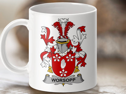 Physical Item 11oz / White Worsopp Surname Irish Heraldry Ceramic Mug