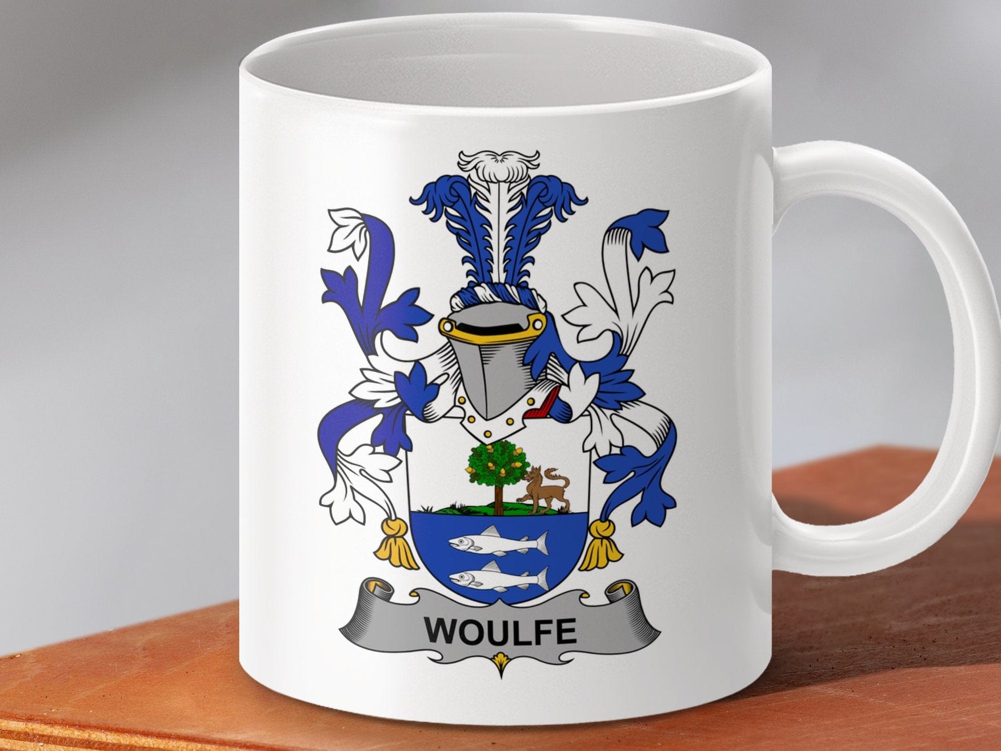 Physical Item 11oz / White Woulfe Surname Irish Heraldry Ceramic Mug