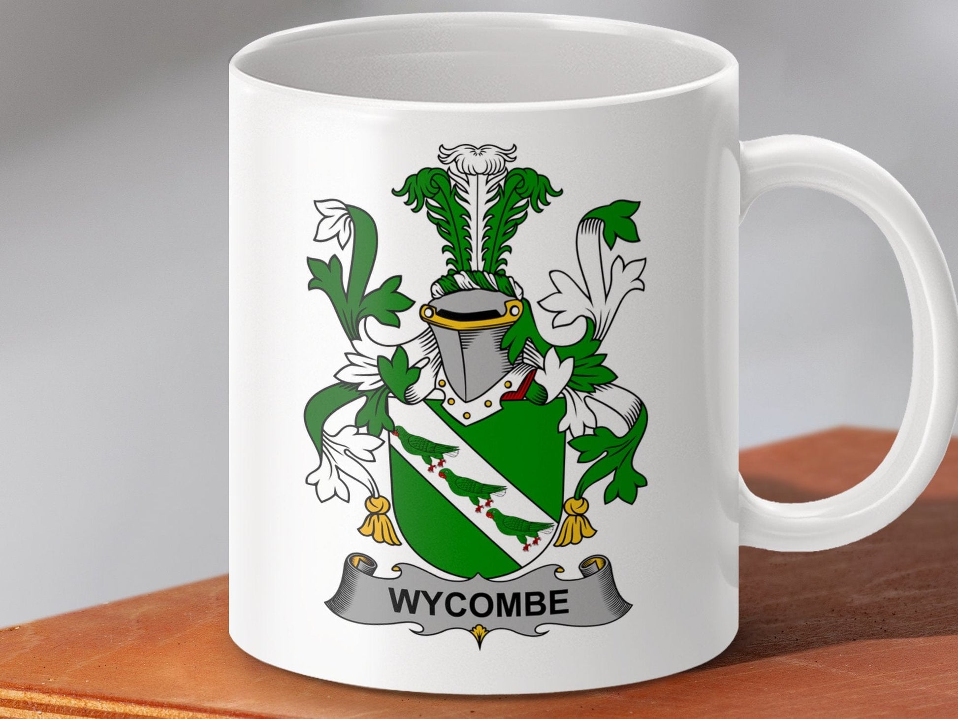 Physical Item 11oz / White Wycombe Surname Irish Heraldry Coat of Arms Mug