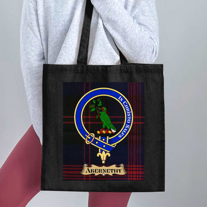 Physical Item 15"x16" / Black Abernethy Clan Crest Scottish Tartan Tote Bag