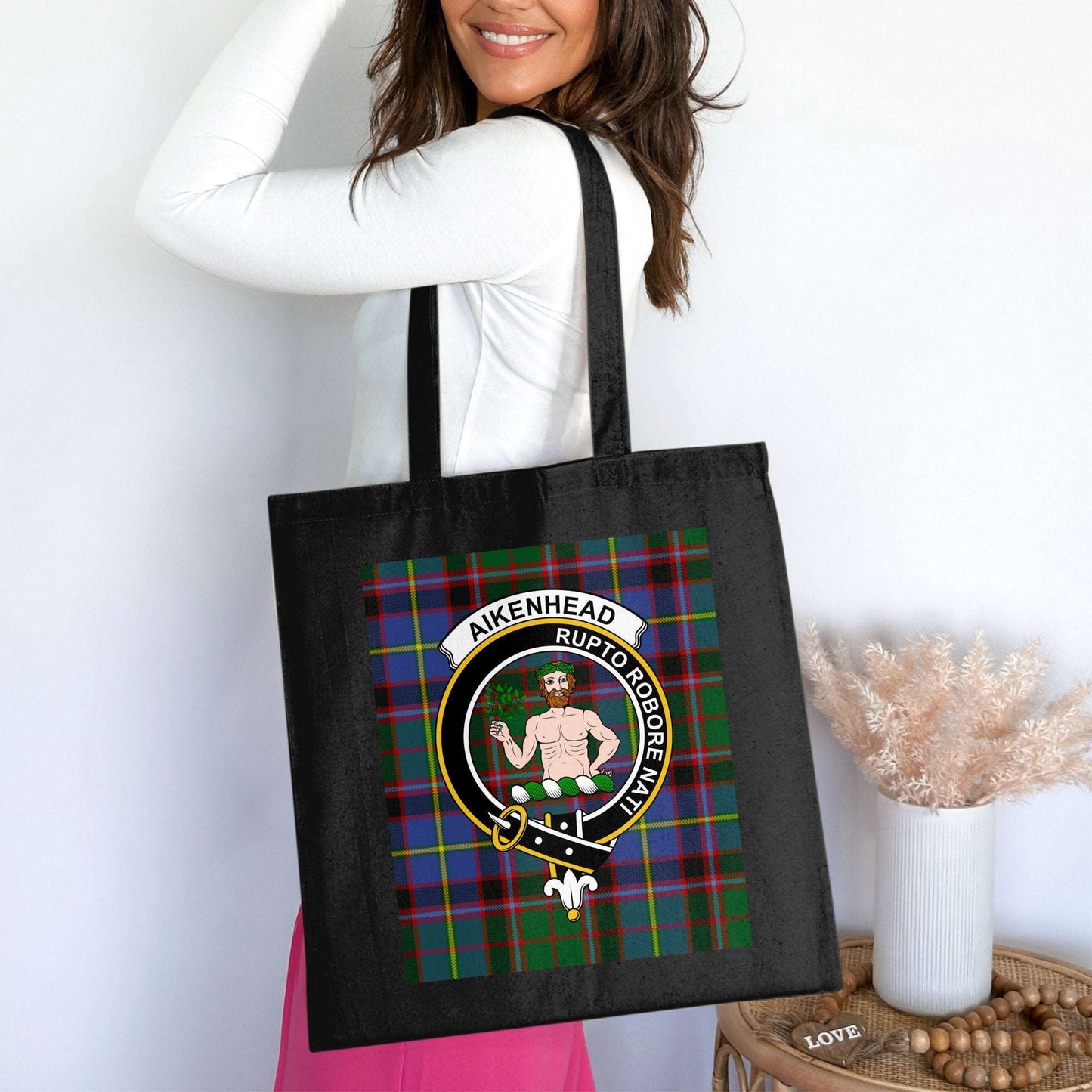 Physical Item 15"x16" / Black Aikenhead Clan Crest Tartan Pattern Tote Bag