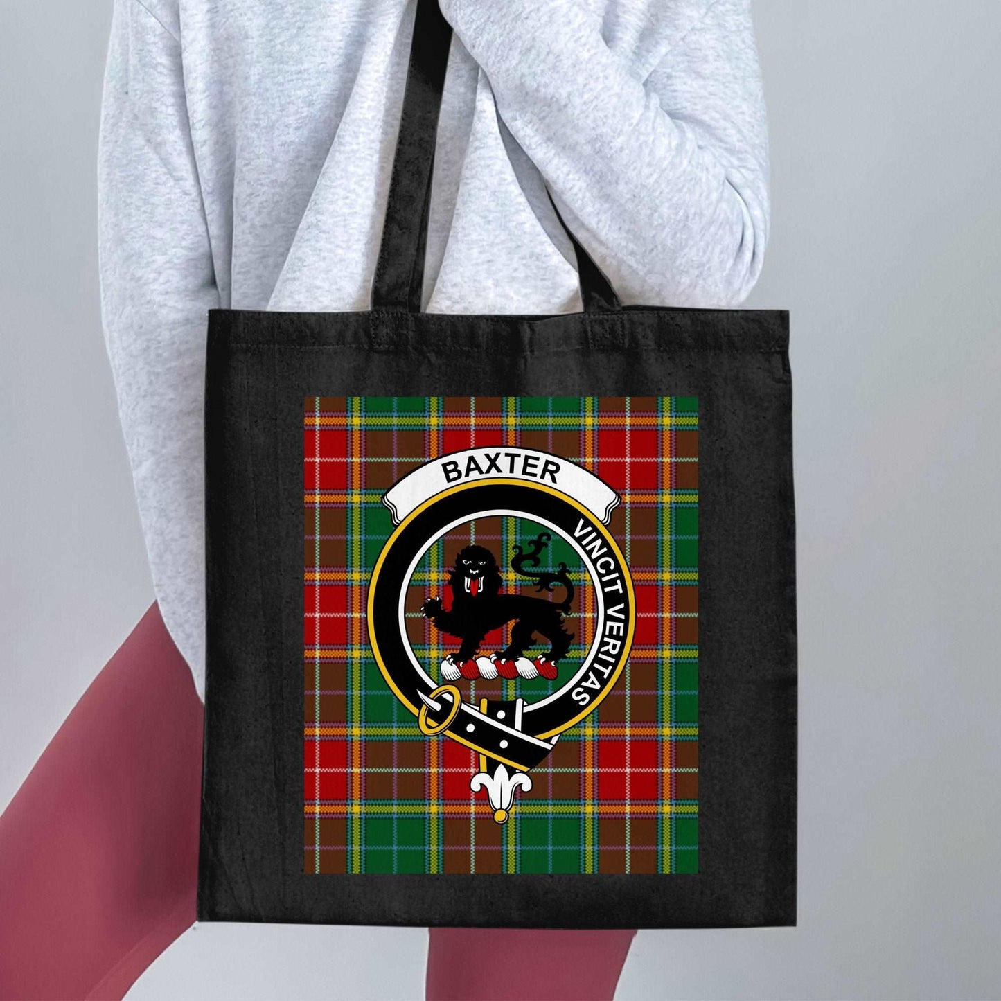 Physical Item 15"x16" / Black Baxter Scottish Clan Crested Tartan Background Tote Bag