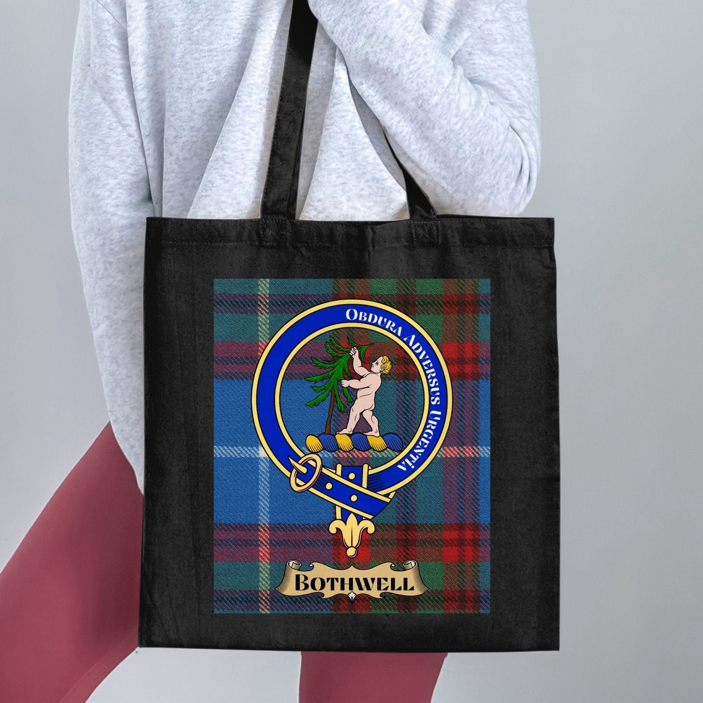 Physical Item 15"x16" / Black Bothwell Clan Crest on Tartan Design Tote Bag