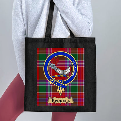 Physical Item 15"x16" / Black Burrell Clan Scottish Tartan Pattern Tote Bag