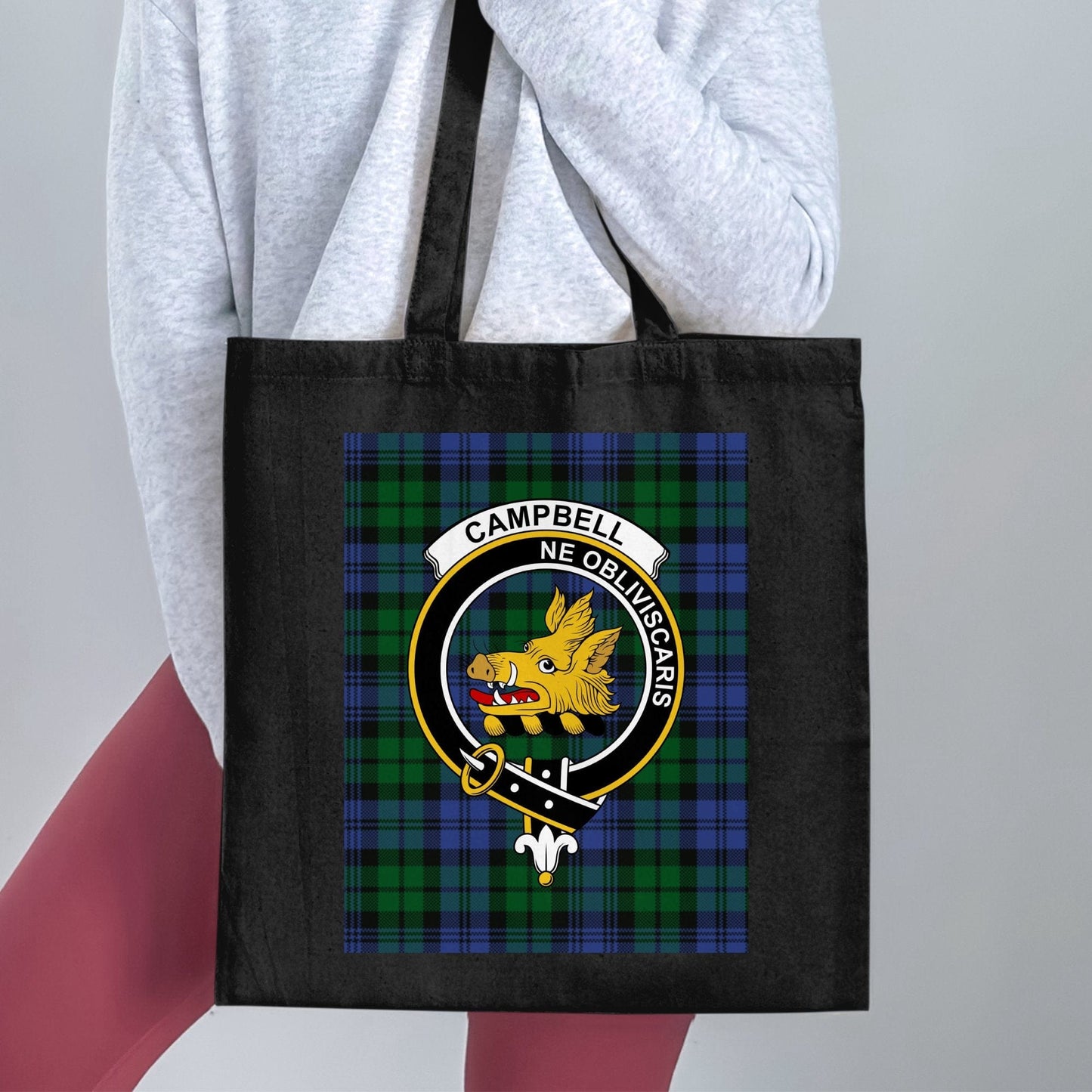 Physical Item 15"x16" / Black Campbell clan crest on scottish tartan tote bag