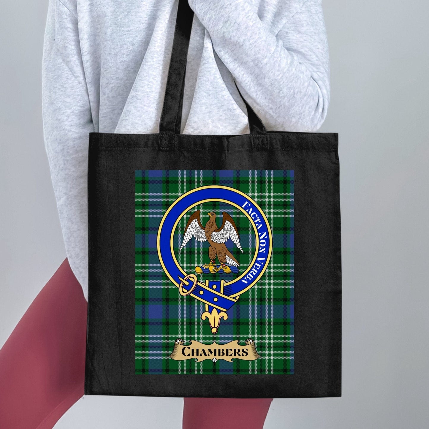 Physical Item 15"x16" / Black Chambers Family Crest Scottish Tartan Tote Bag