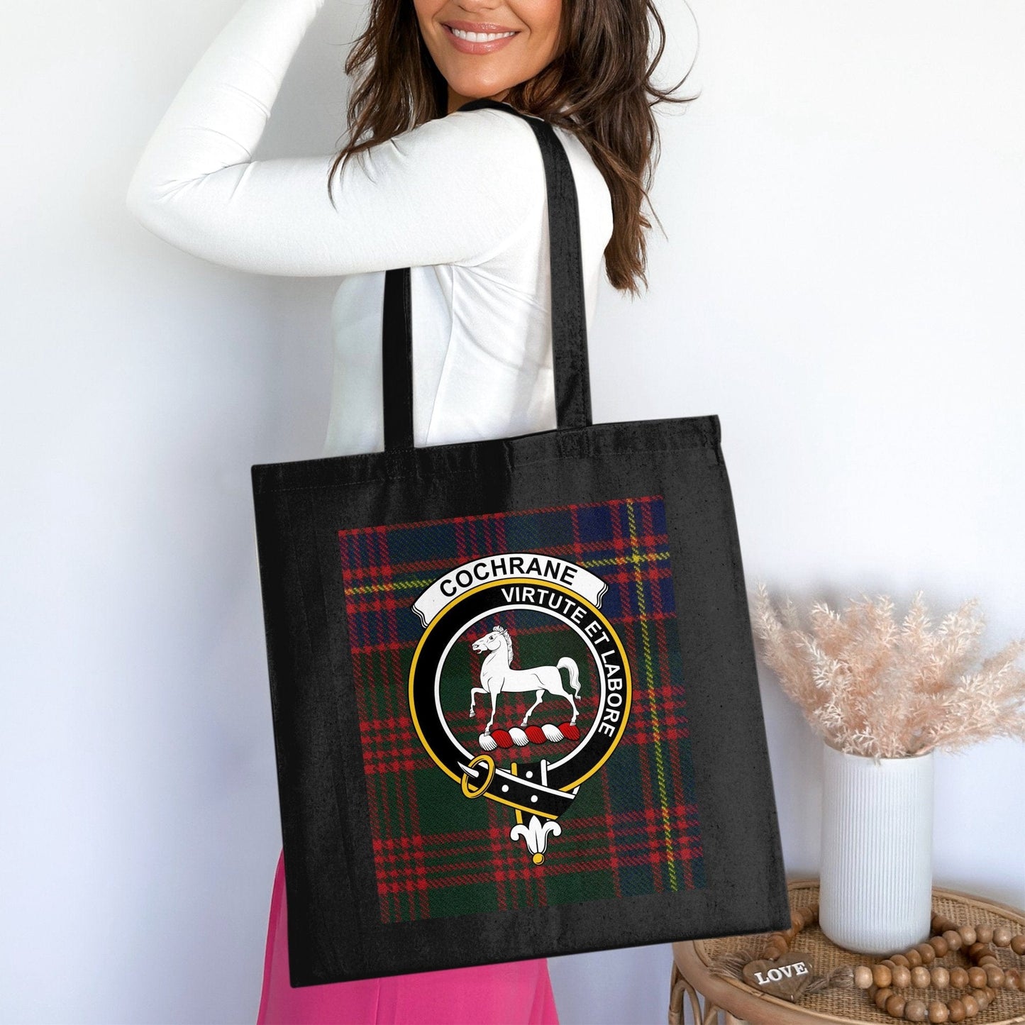 Physical Item 15"x16" / Black Cochrane Clan Tartan Crest Virtue et Labore Tote Bag