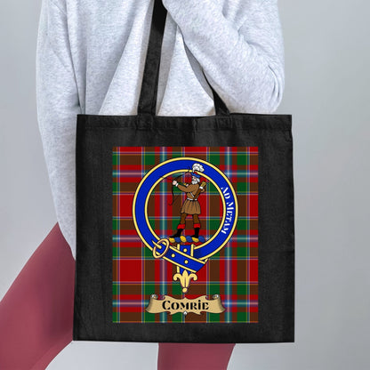 Physical Item 15"x16" / Black Comrie Clan Crest with Traditional Tartan Design Tote Bag