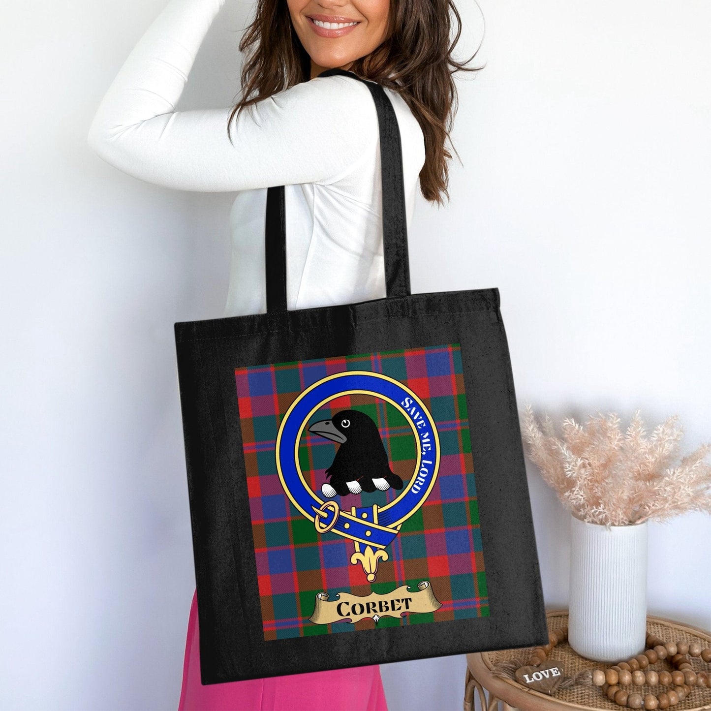 Physical Item 15"x16" / Black Corbet Clan Scottish Tartan Background Tote Bag