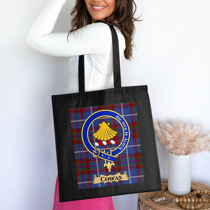 Physical Item 15"x16" / Black Cowan Clan Scottish Tartan Background Tote Bag