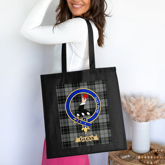 Physical Item 15"x16" / Black Glenn Clan Scottish Tartan Bag with Crest Tote Bag