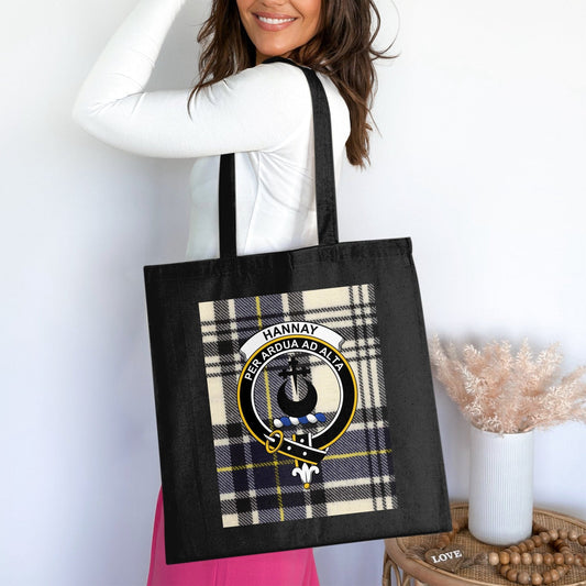 Physical Item 15"x16" / Black Hannay Scottish Clan Crest Tartan Design Tote Bag