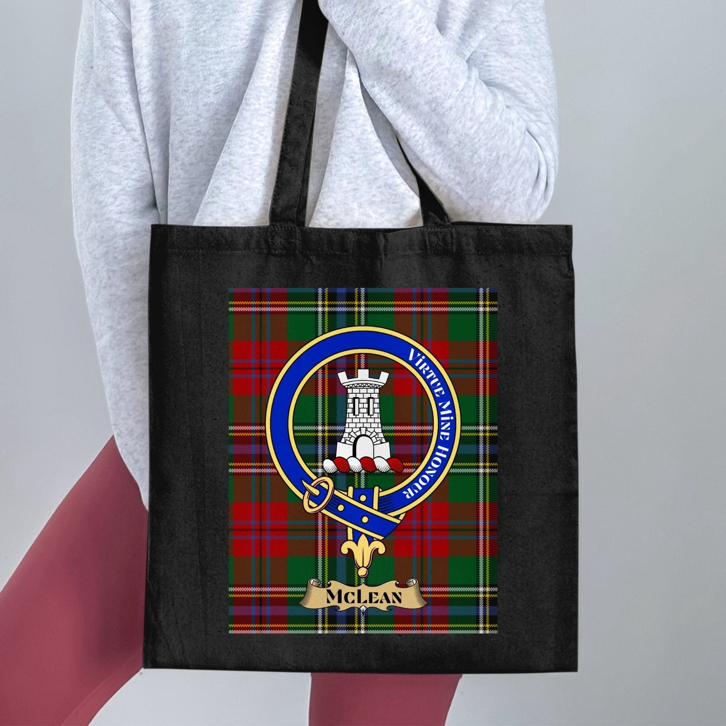 Physical Item 15"x16" / Black McLean Clan Crest Traditional Tartan Pattern Tote Bag