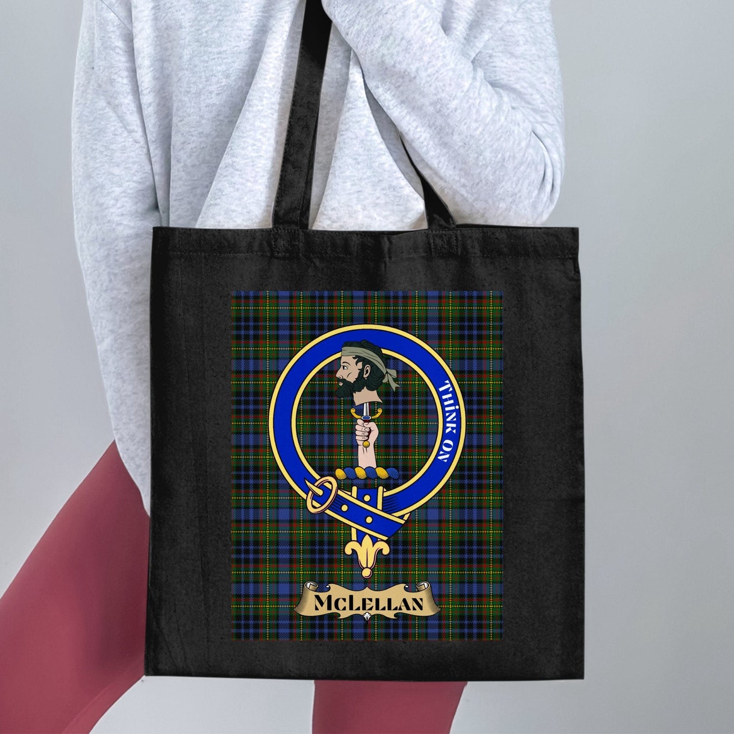 Physical Item 15"x16" / Black McLellan Clan Crest Tartan Think On Motto Tote Bag