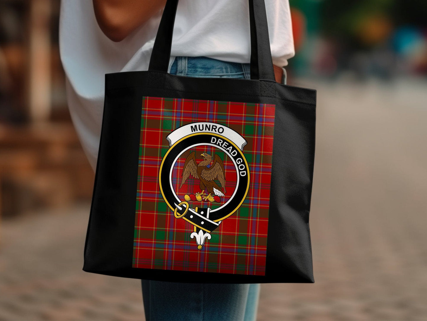 Physical Item 15"x16" / Black Munro Dread God Scottish Clan Crest Tartan Tote Bag