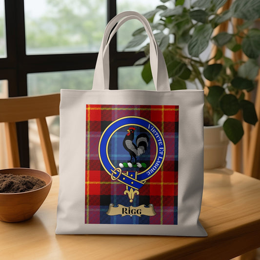 Physical Item 15"x16" / Black Scottish Clan Crest on Tartan Background Rigg Tote Bag