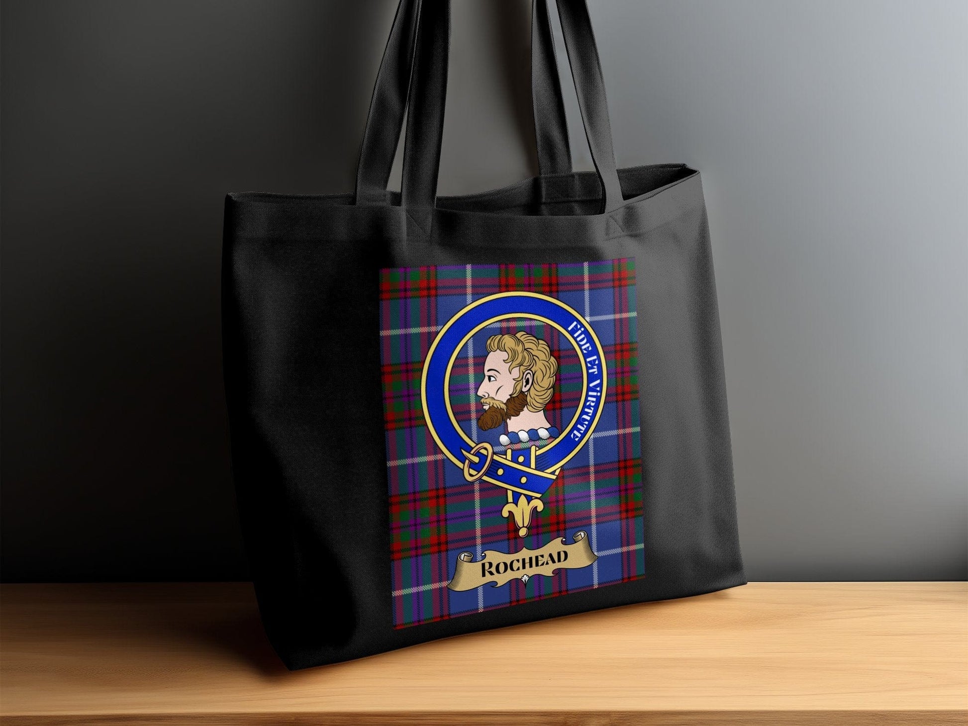 Physical Item 15"x16" / Black Scottish Clan Crest on Tartan Background Rochead Tote Bag