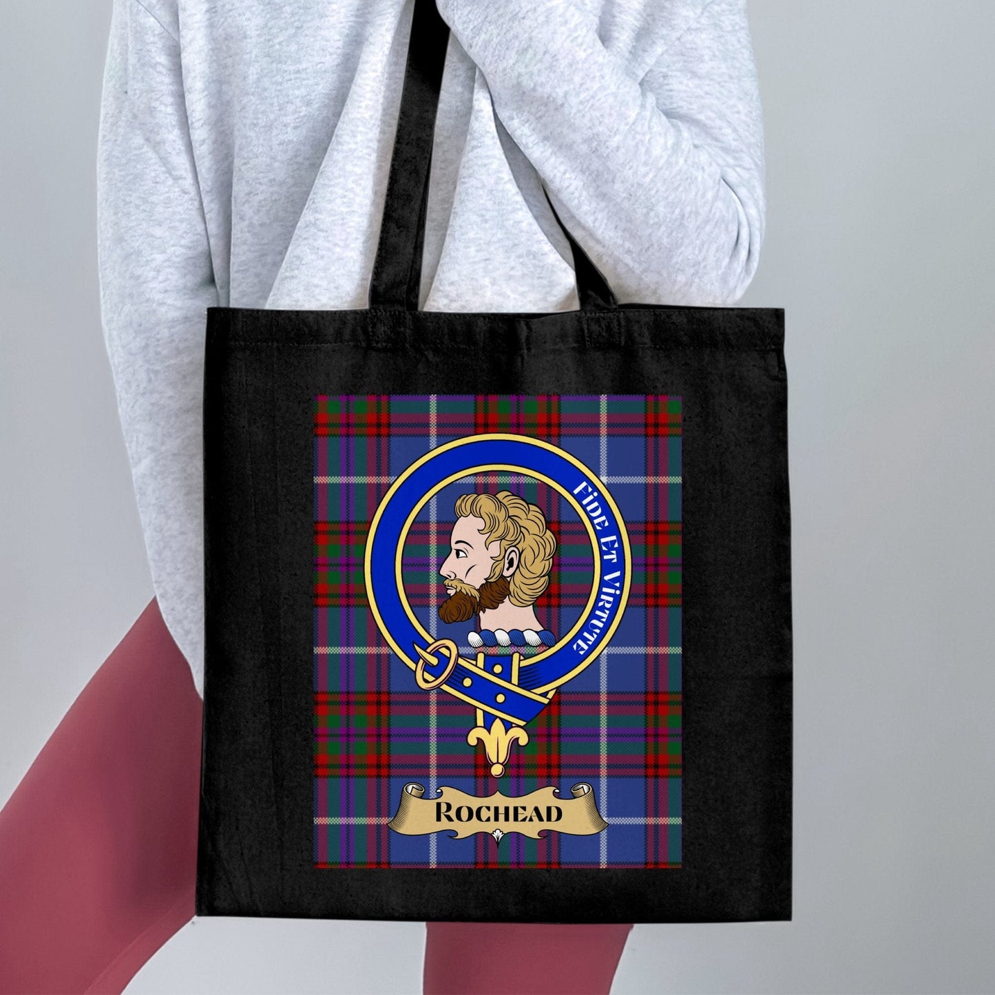 Physical Item 15"x16" / Black Scottish Clan Crest on Tartan Background Rochead Tote Bag