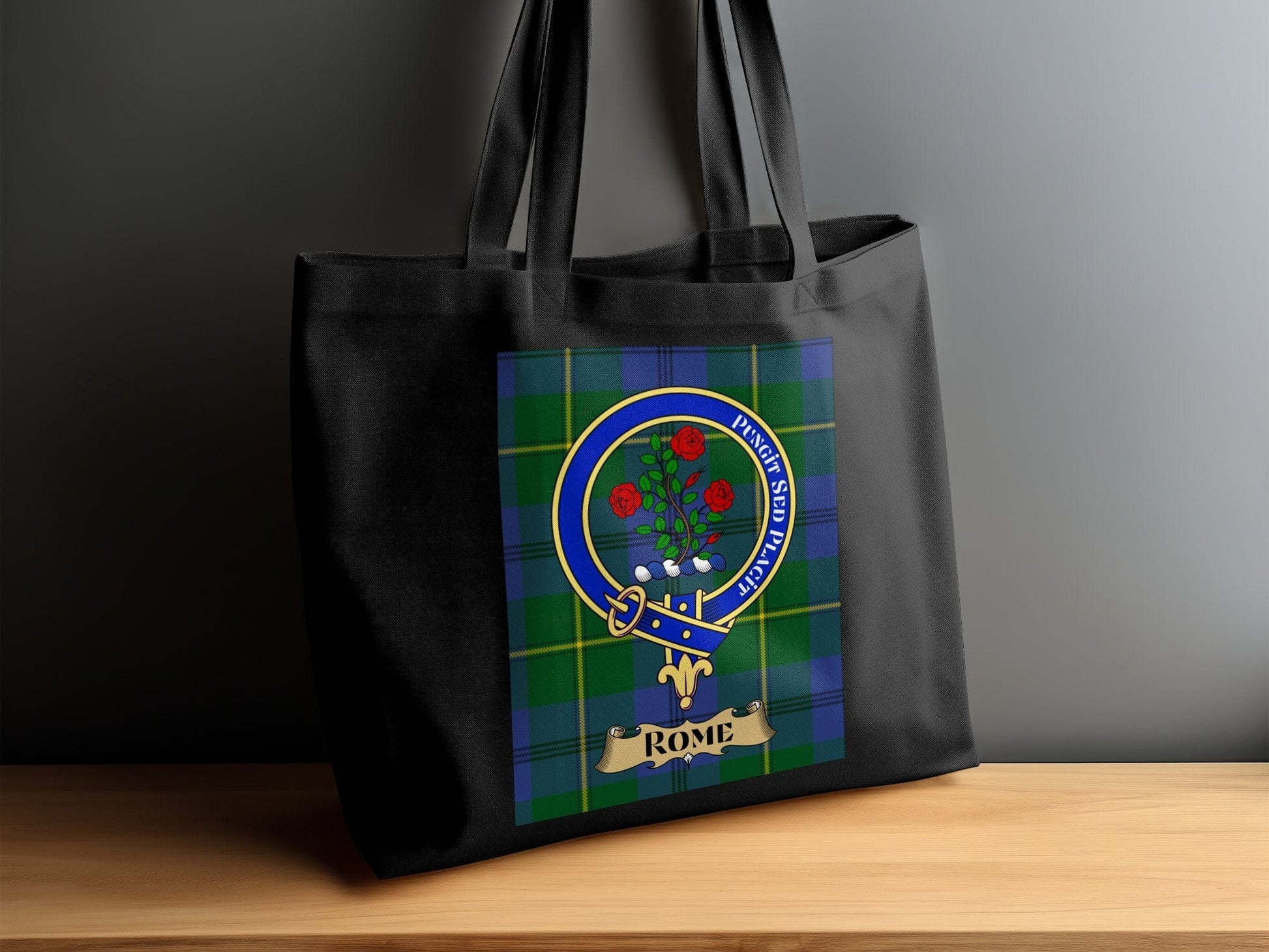 Physical Item 15"x16" / Black Scottish Clan Crest on Tartan Background Tote Bag