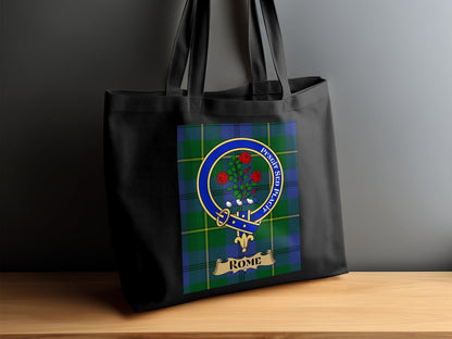 Physical Item 15"x16" / Black Scottish Clan Crest on Tartan Background Tote Bag